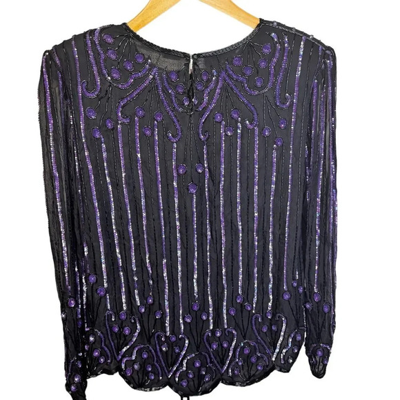 Vintage Scala Silk Blouse Black Purple Beading Sequins Long Sleeve Women's XL - Picture 6 of 8
